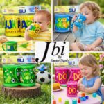 Cute pack of 2-piece kids plastic mug set with colorful cartoon designs on it